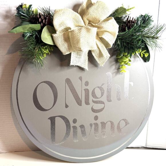 O Night Devine Floral Bow Wooden Holiday Door Hanger Christmas Decor - Picture 2 of 4